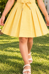 Girls Yellow Embroidered Fit And Flare Casual Dress with Waist Tie Belt