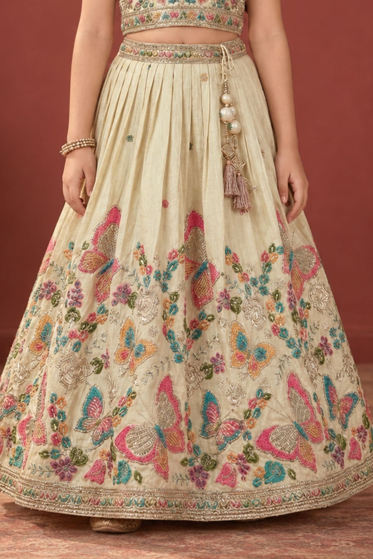 Cream Butterfly Embroidered Lehenga Choli Set For Girls