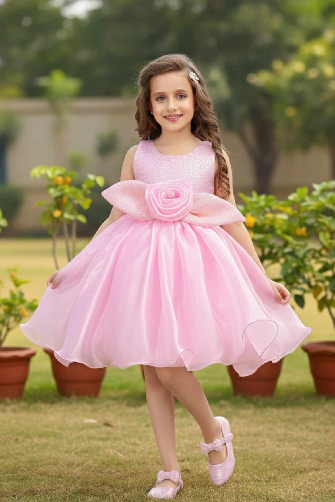 Pink Shimmer Party Wear Frock with 3D Floral Appliqué For Girls