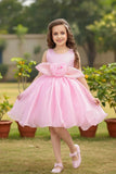 Pink Shimmer Party Wear Frock with 3D Floral Appliqué For Girls