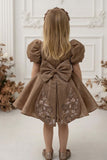 Brown Embroidered Puff Sleeve Party Frock For Girls