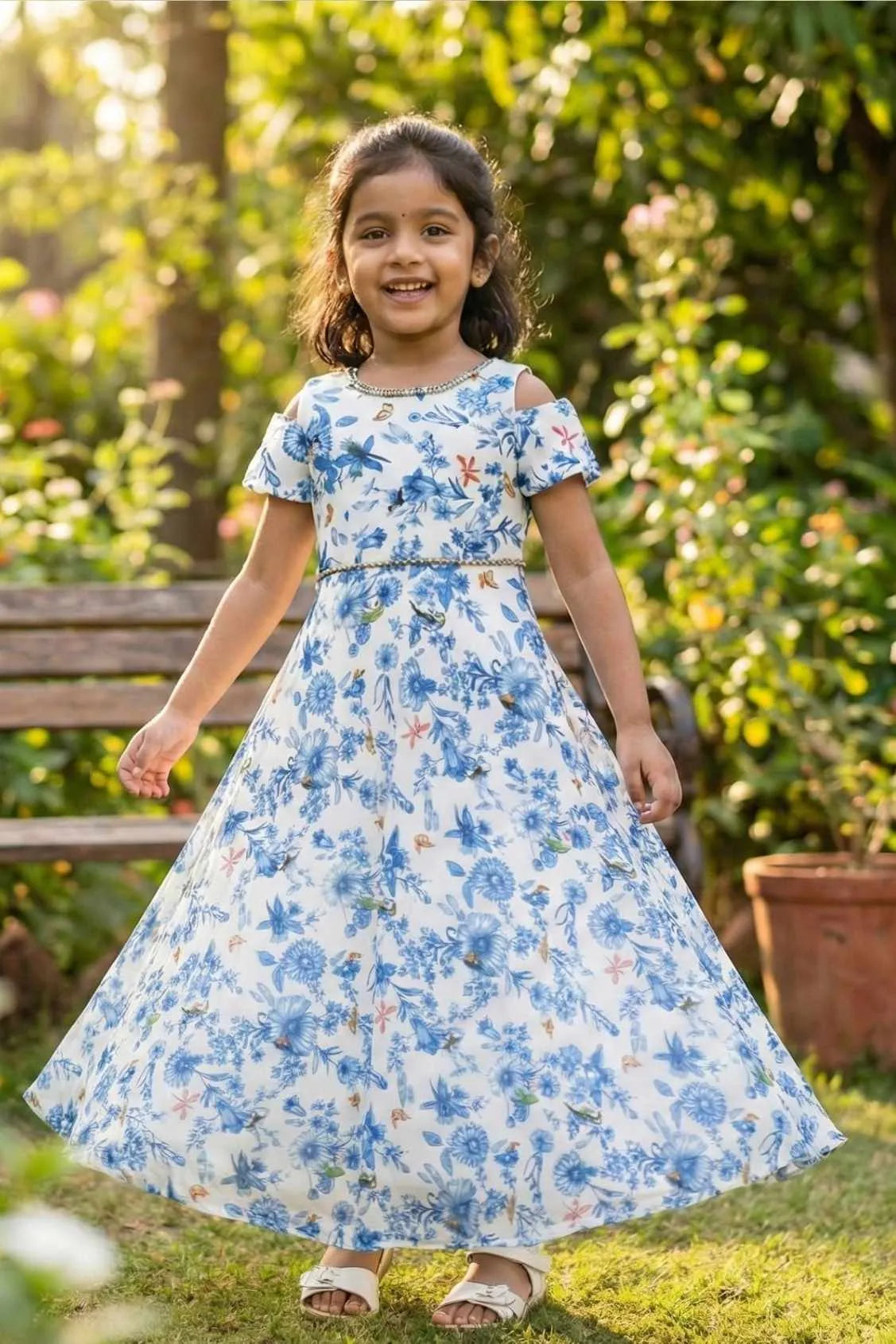 White And Blue Floral Printed Gown For Girls