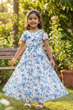 White And Blue Floral Printed Gown For Girls