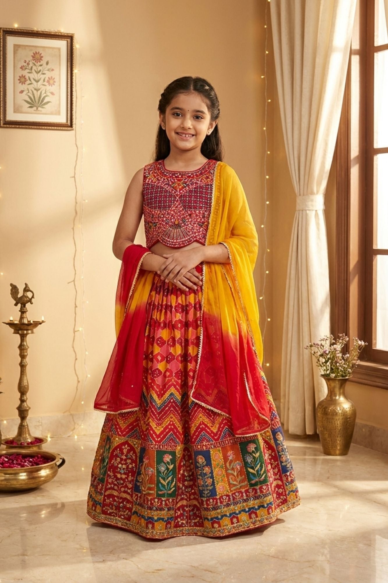 Red Multicolour Embellished Lehenga Choli with Dupatta