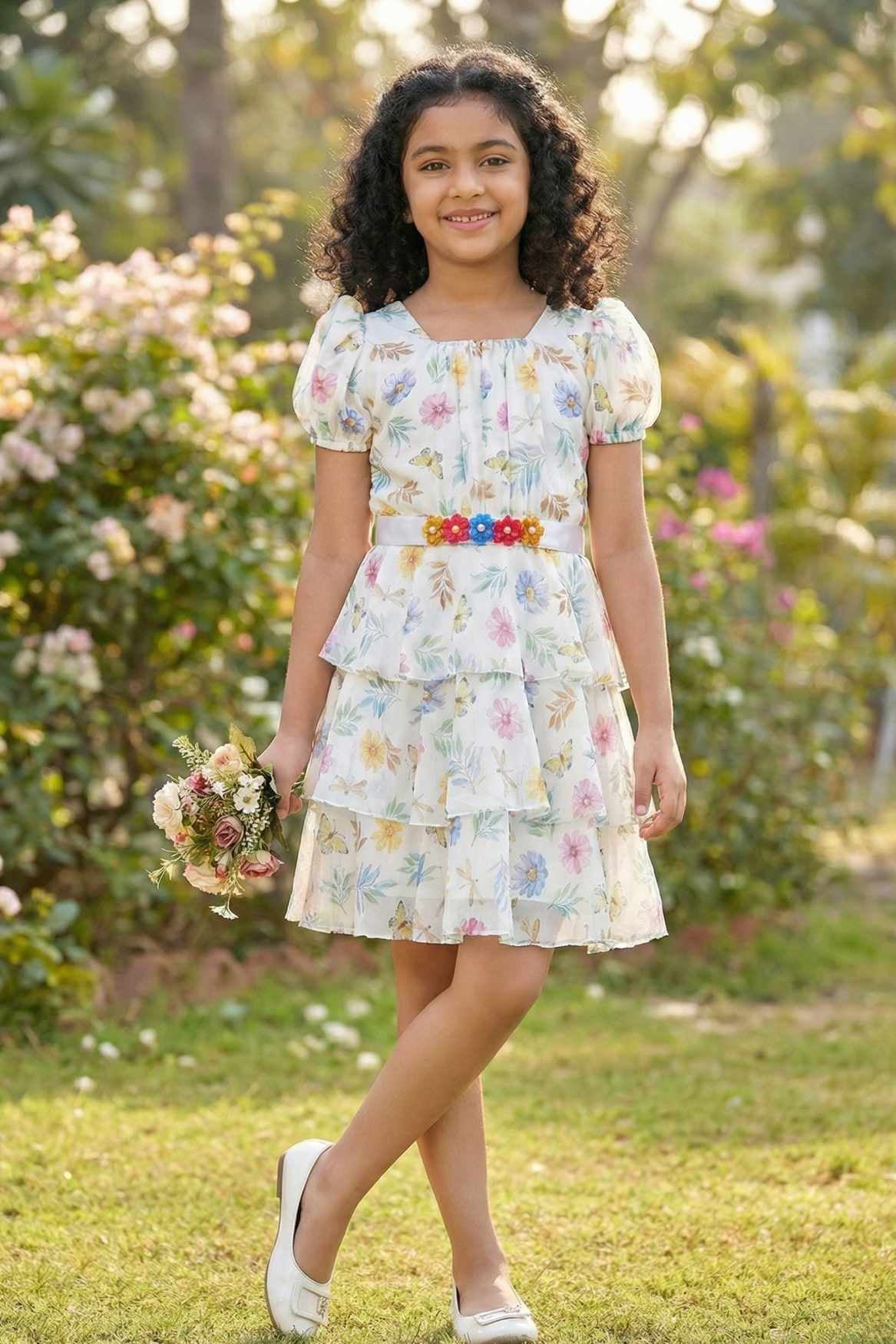 Cream Floral Tiered Dress with Puff Sleeves For Girls