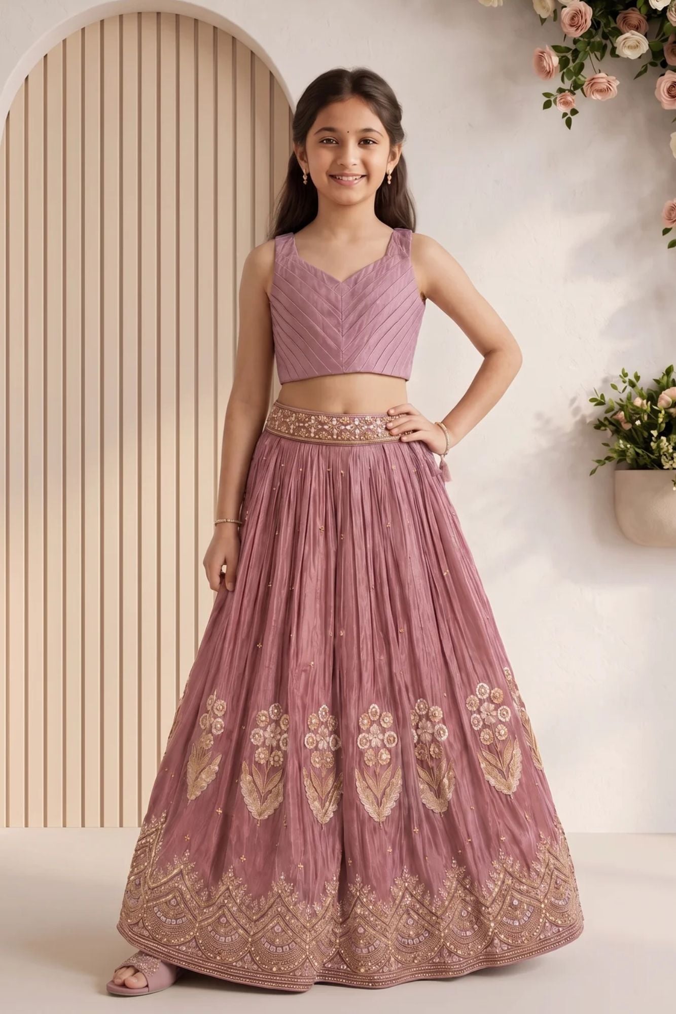 Dusty Mauve Heavy Floral Embroidered Lehenga Choli with Jacket