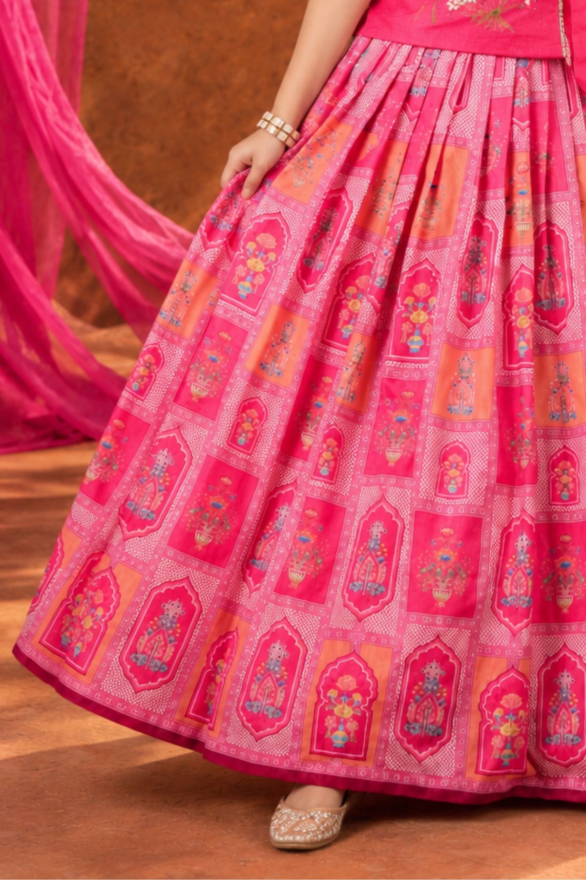 Pink Printed And Embroidered Lehenga Choli Set For Girls