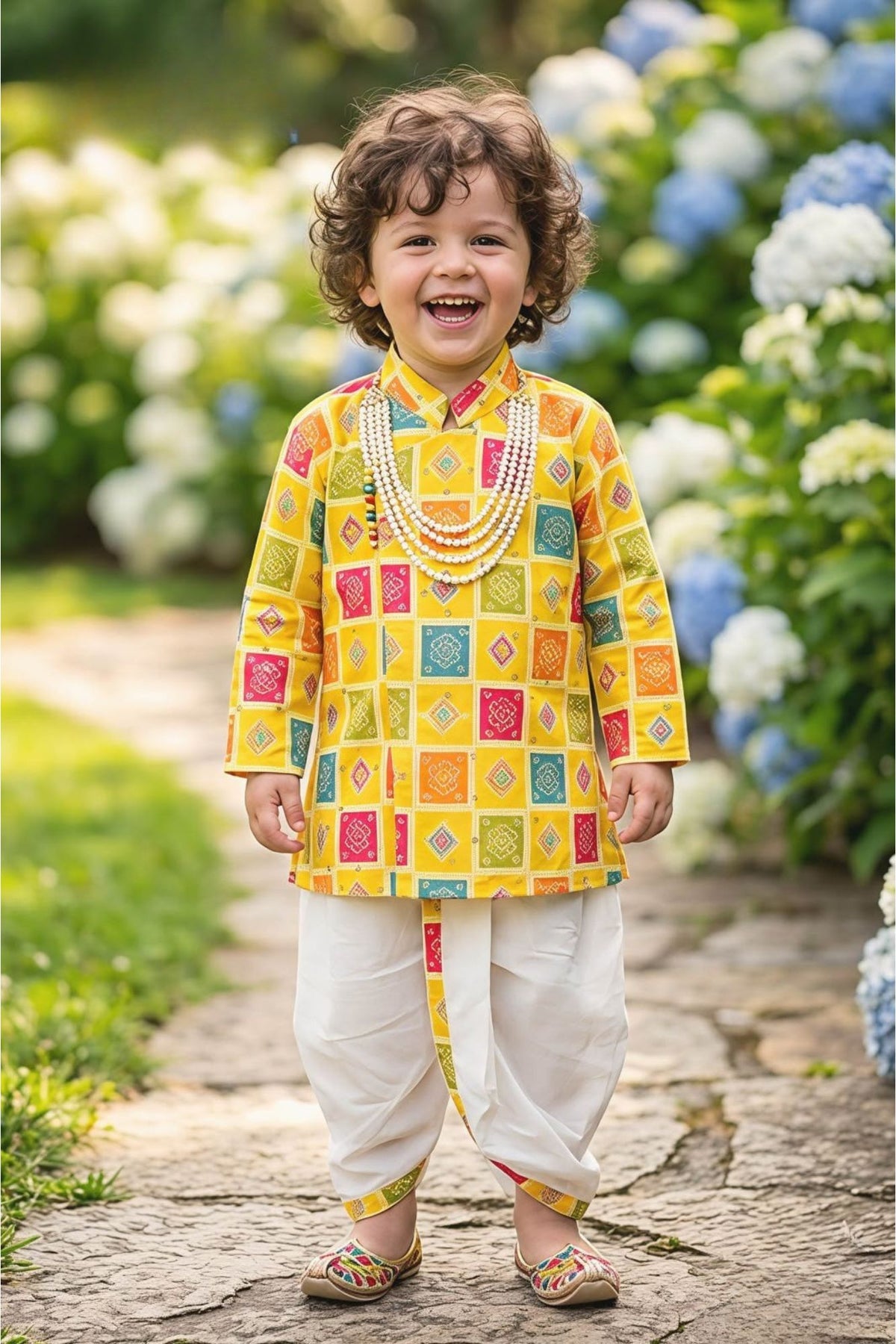 Royal Boys Yellow With Multicolor Geometric Print Dhoti Set For Festive Wear