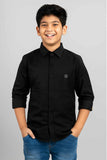 Black Textured Shirt With Tonal Stripes And Embroidered Badge For Boys