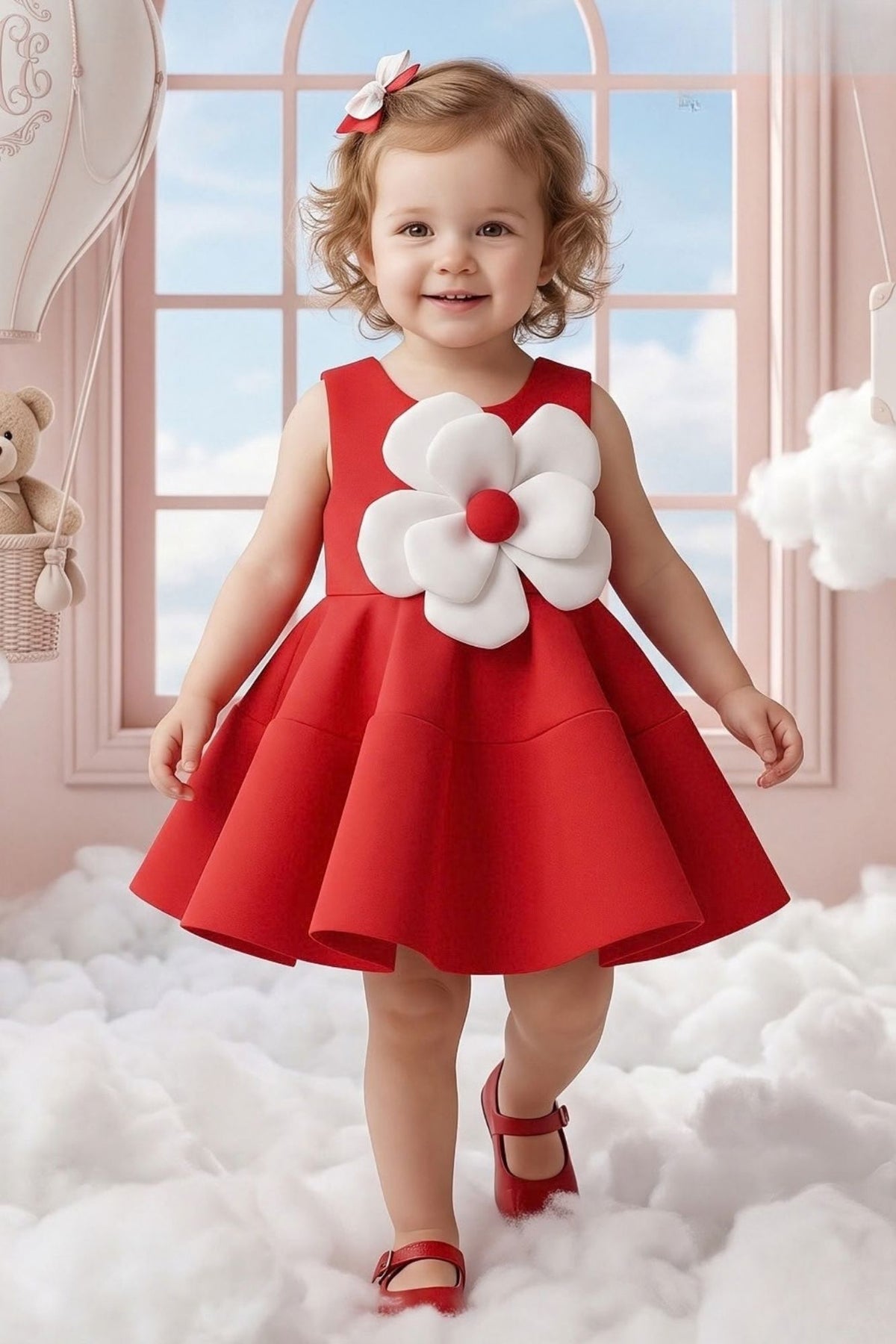 Girls Red Statement Flower Party Wear Frock