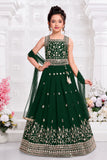 Girls Emerald Green Floral Zari Embroidered Lehenga Choli Set With Dupatta
