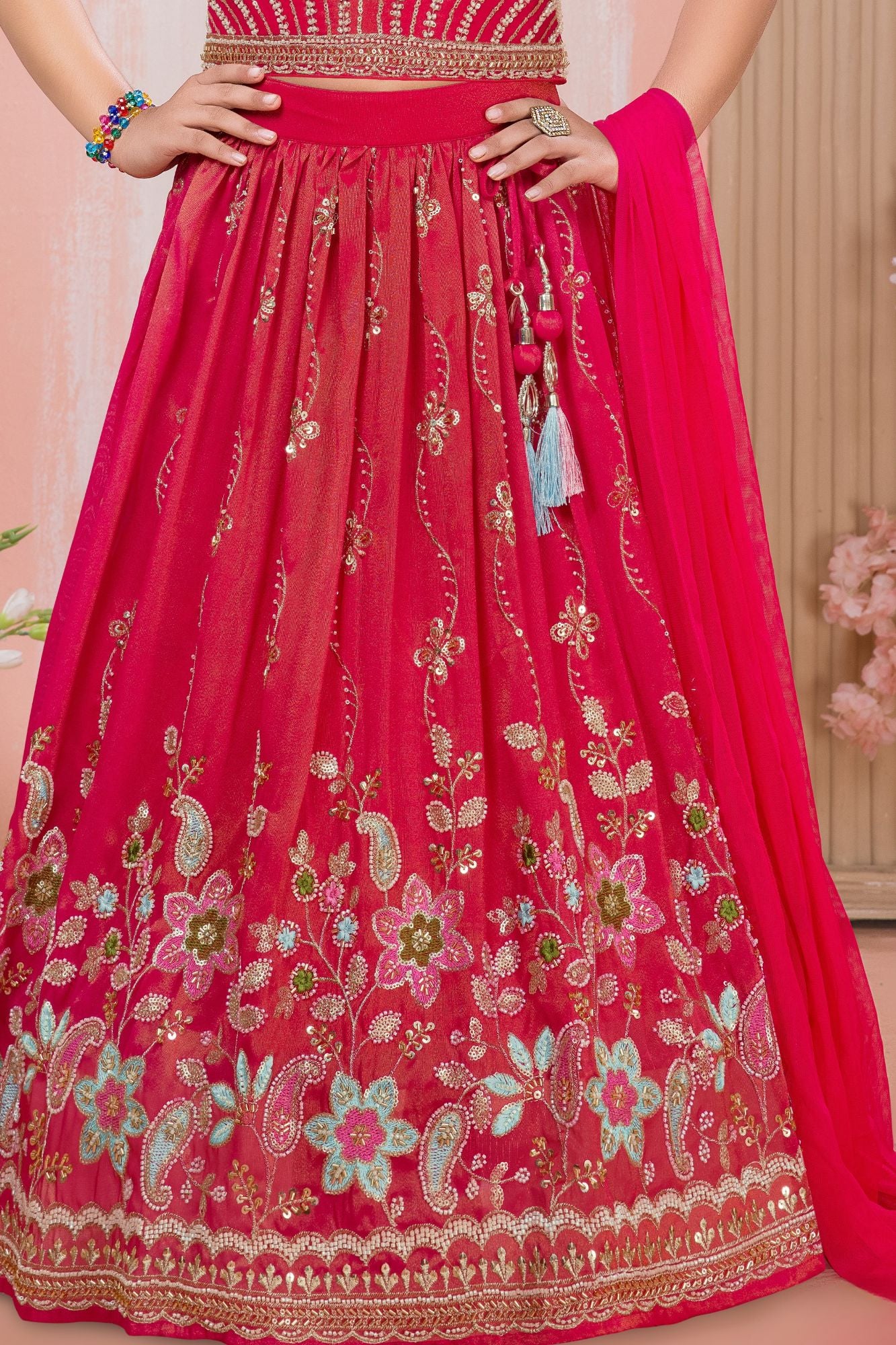 Girls Pink Embroidered Lehenga Choli with Dupatta