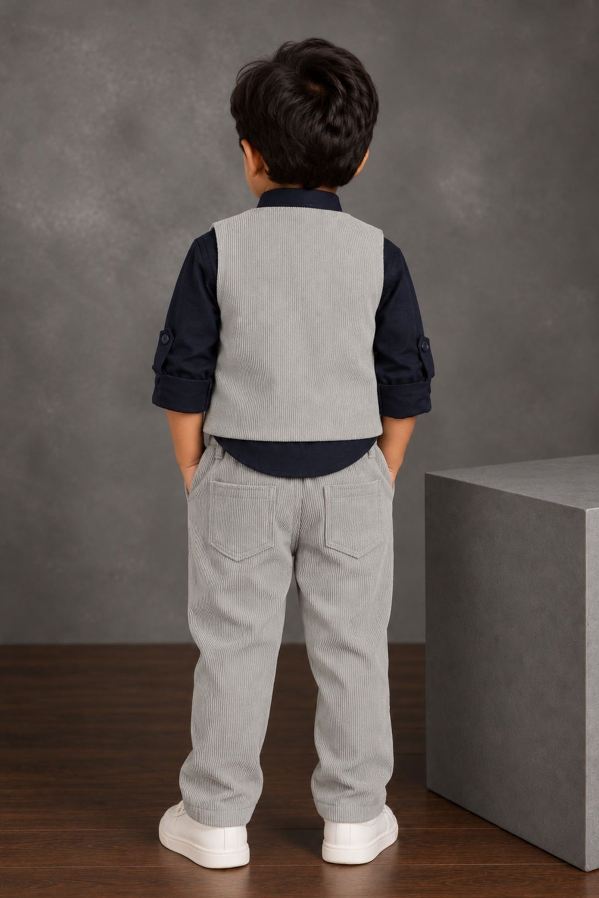 Boys Light Grey Corduroy Textured Waistcoat Suit Set with Bow Tie