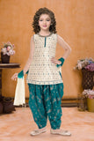 Cream and Firozi Patiala Set With Embroidered Kurti And Dupatta For Girls