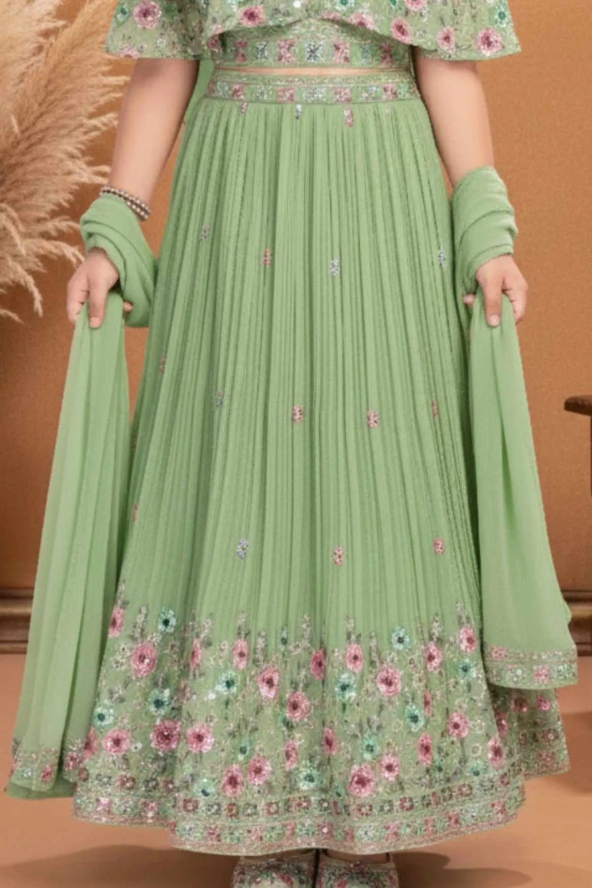 Pastel Green Embroidered Lehenga Choli with Dupatta For Girls
