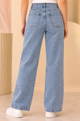 Girls Light Blue Floral Applique Straight Fit Denim Jeans