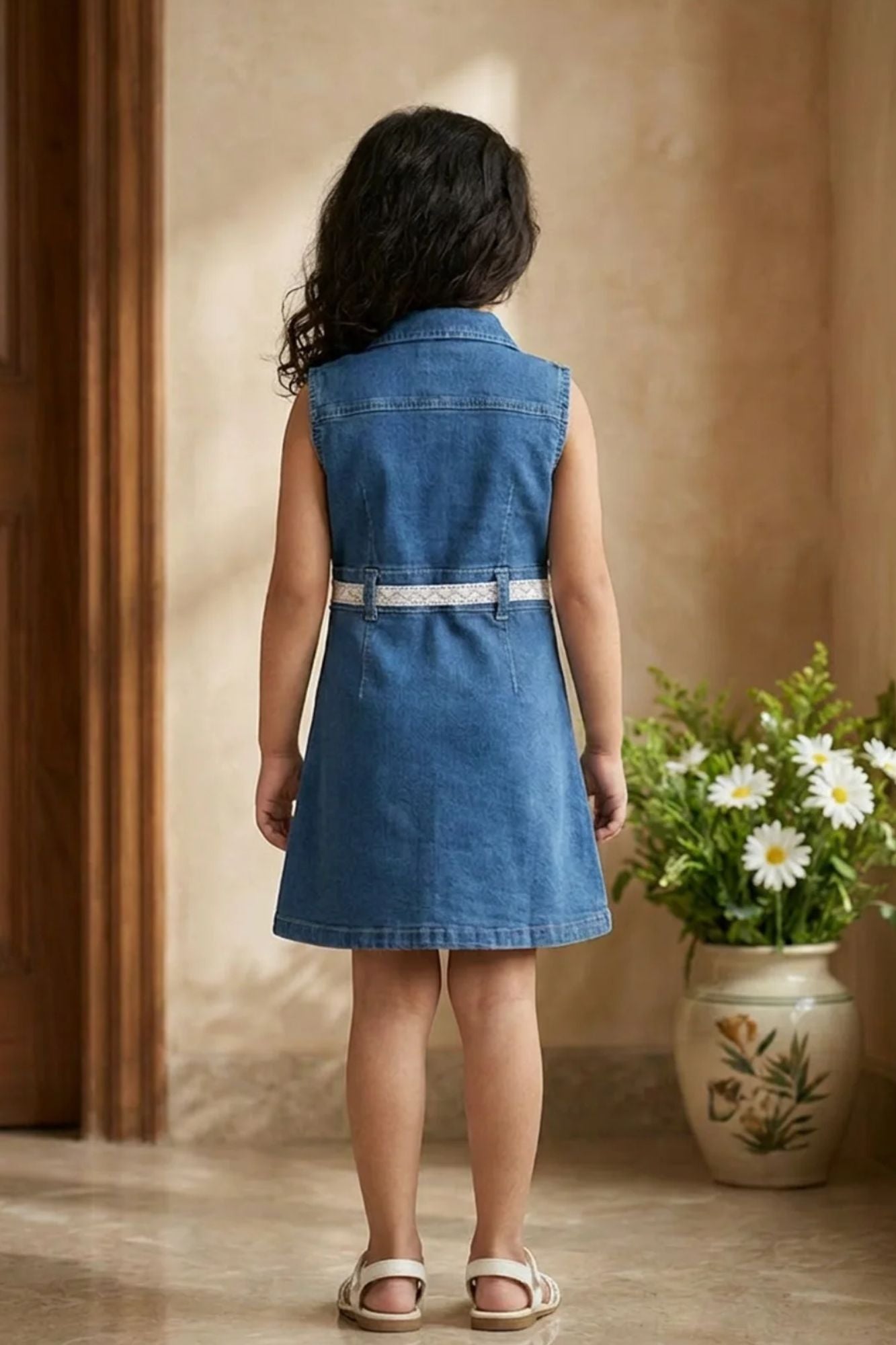 Denim Sleeveless Dress with Floral Embroidery