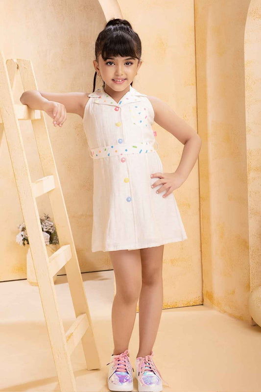 Cream Confetti Button Down Sleeveless Cotton Dress for Girls