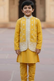 Mustard Yellow Embroidered Kurta Set with Nehru Jacket For Boys
