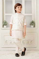 Cream Kurta Set With Embroidered Work Bandi For Boys