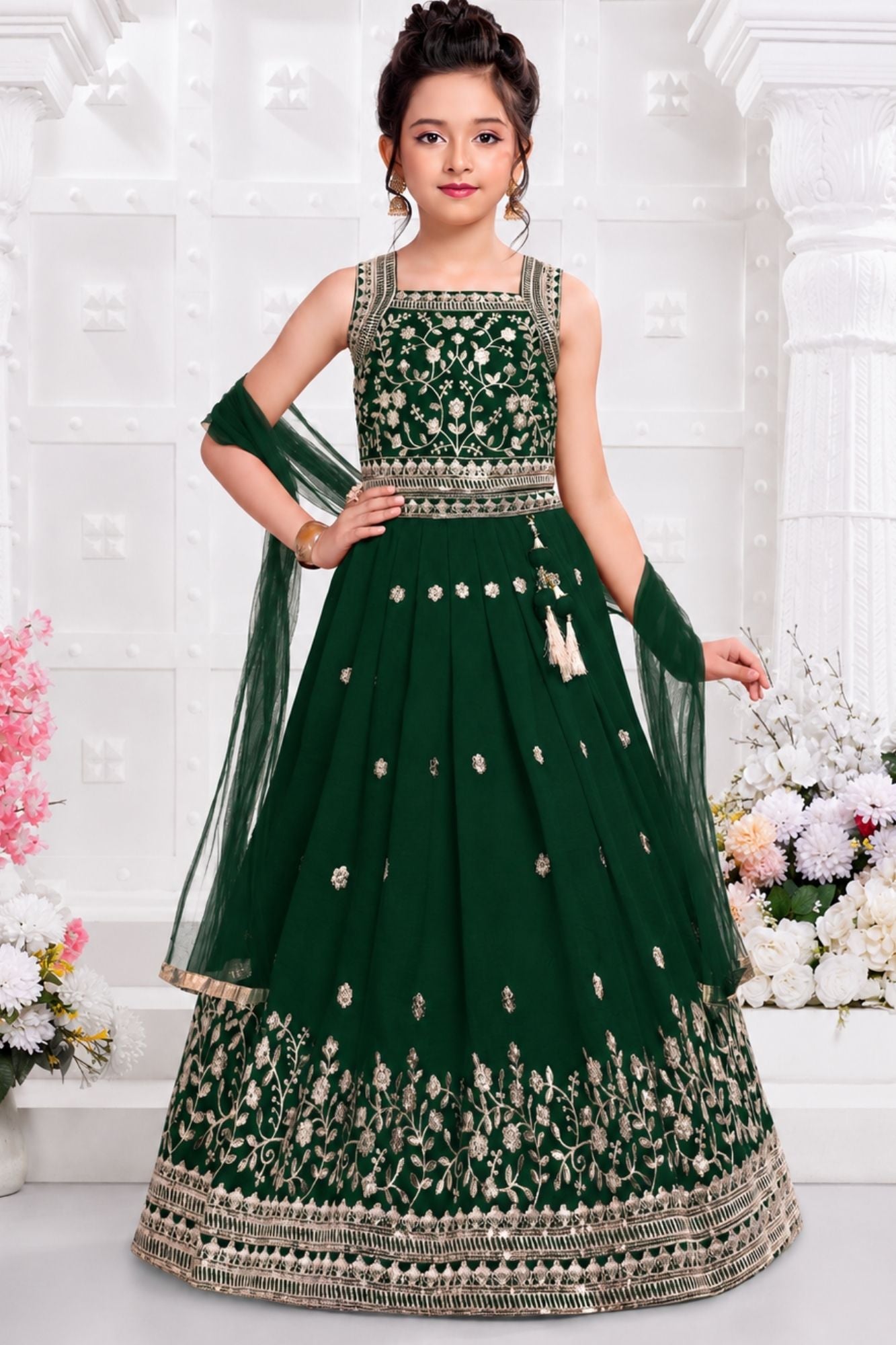 Girls Emerald Green Floral Zari Embroidered Lehenga Choli Set With Dupatta