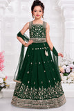 Girls Emerald Green Floral Zari Embroidered Lehenga Choli Set With Dupatta