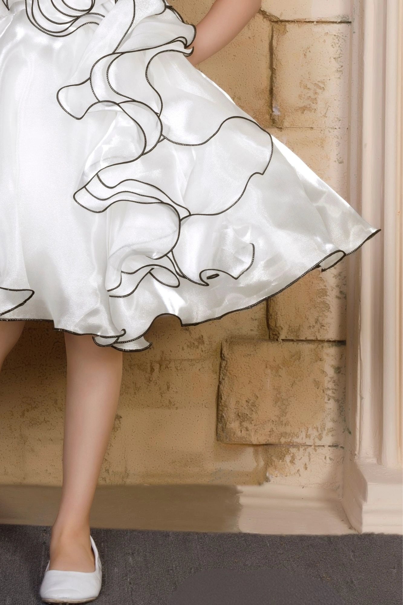 White Spiral 3D Petal Appliqué Party Frock For Girls