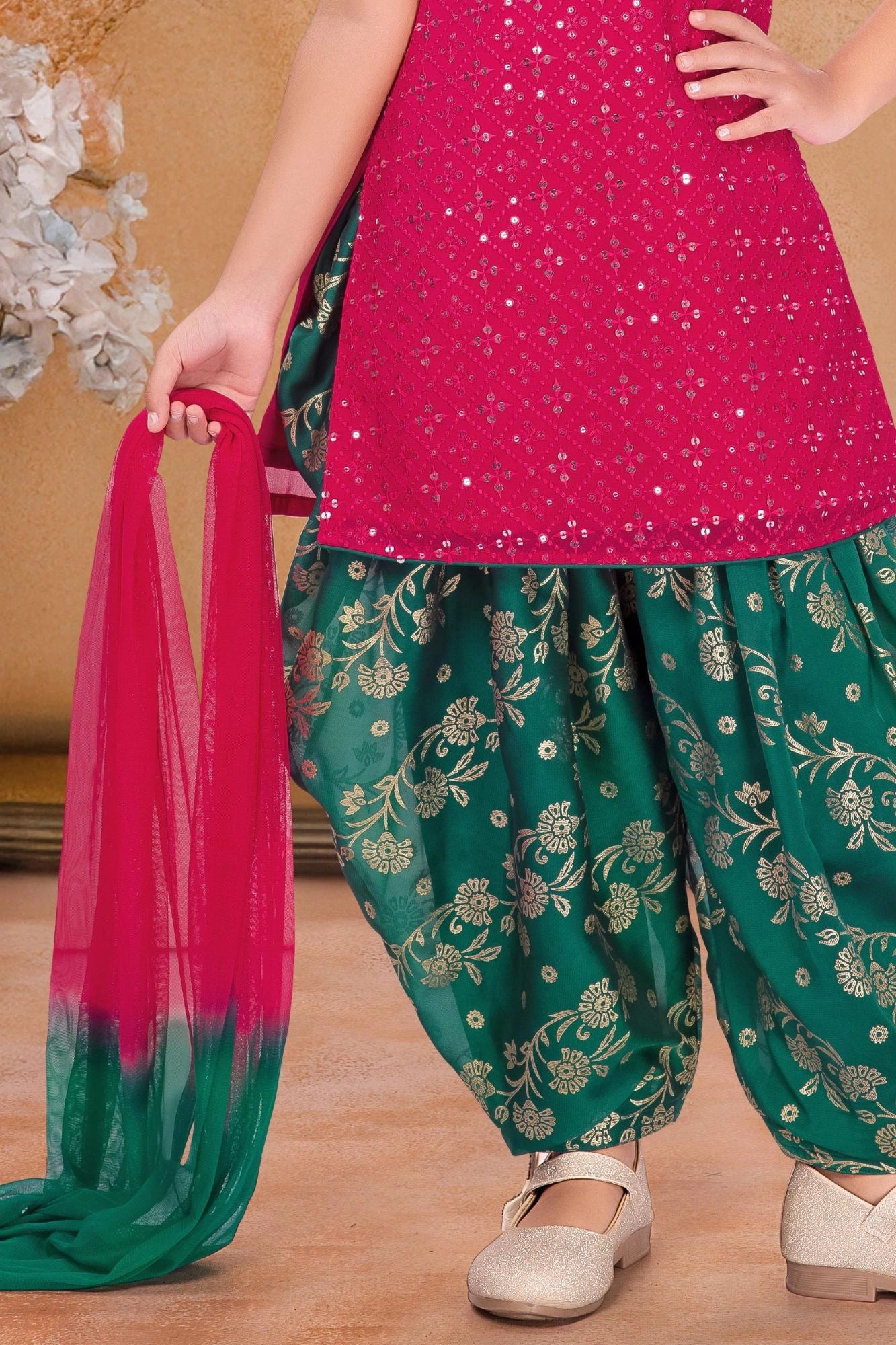 Rani Pink & Bottle Green Seqiuns Embroidered Patiala Set with Dupatta For Girls