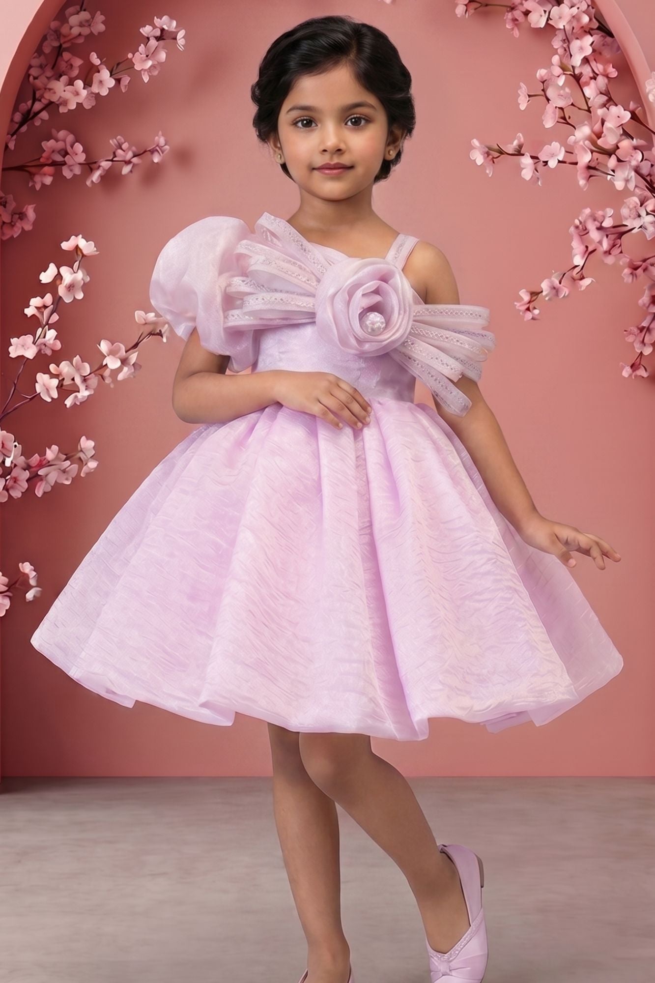 Lavender One-Shoulder Party Frock with 3D Floral Bow For Girls