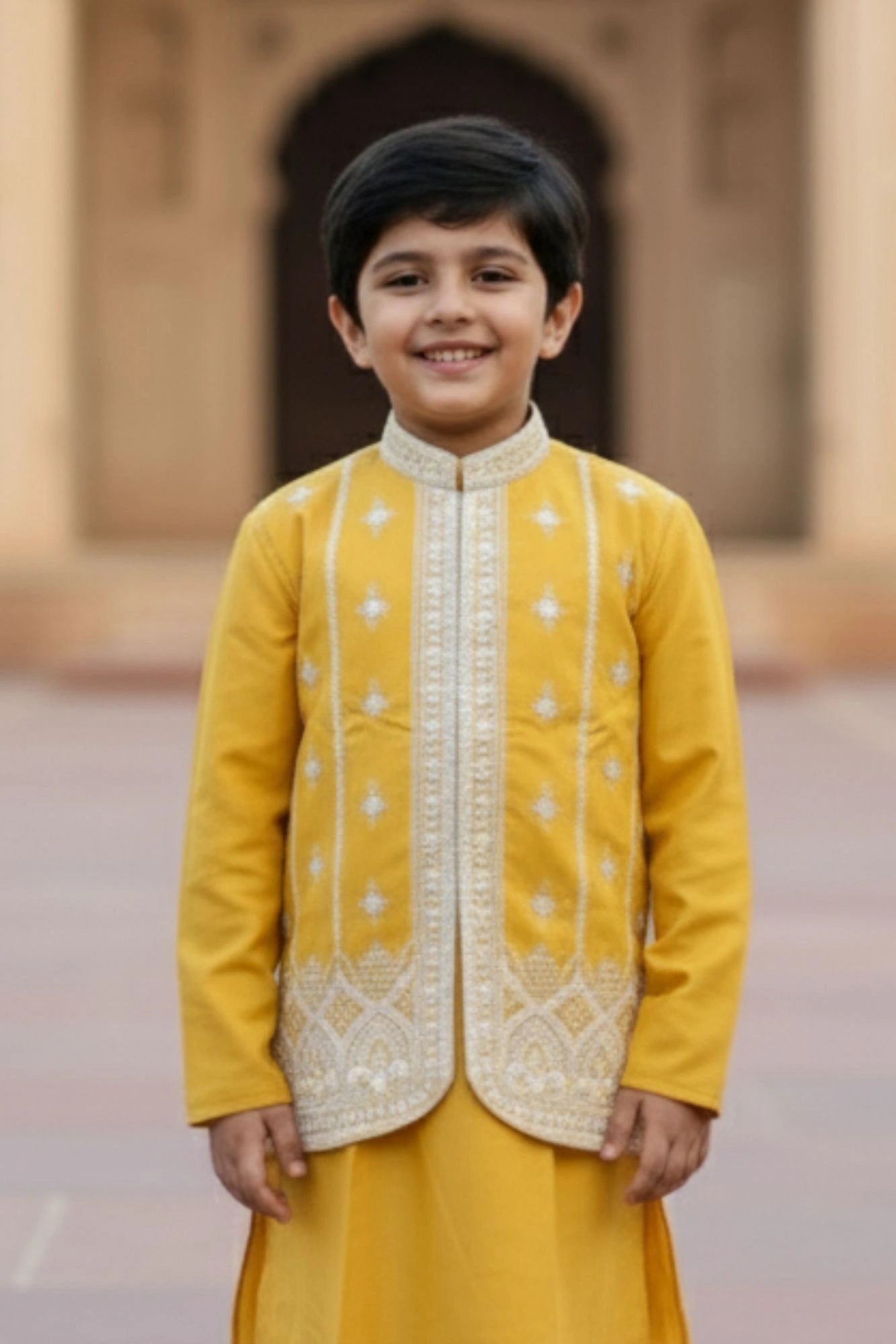 Mustard Yellow Embroidered Kurta Set with Nehru Jacket For Boys