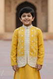 Mustard Yellow Embroidered Kurta Set with Nehru Jacket For Boys