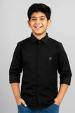 Black Textured Shirt With Tonal Stripes And Embroidered Badge For Boys
