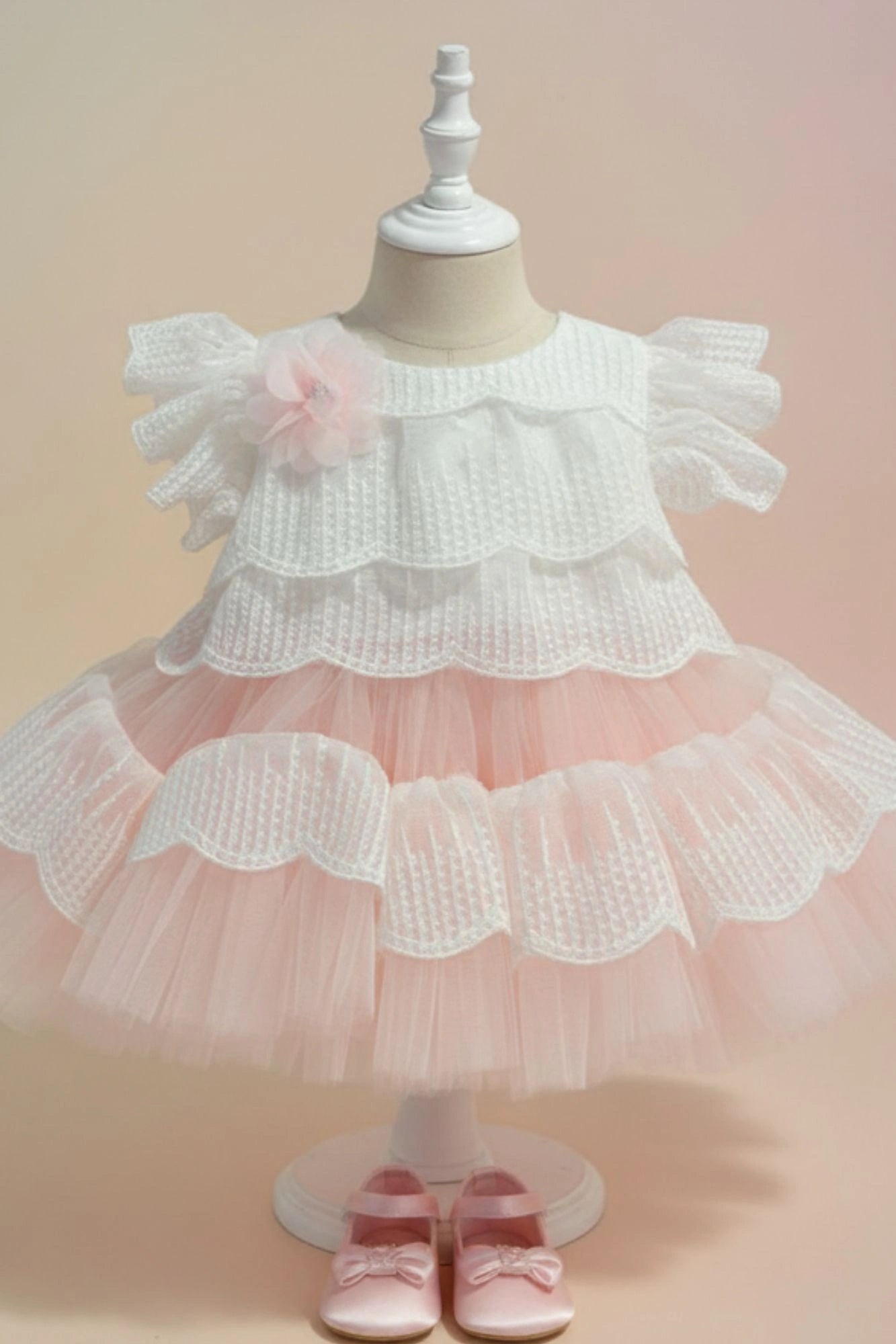 Peach Layered Frock with White Scallop Lace and Floral Accent For Girls