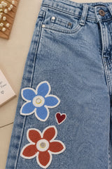 Girls Light Blue Floral Applique Straight Fit Denim Jeans