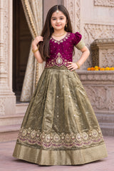 Girls Elegant Wine Embroidered Pattu Pavadai Set