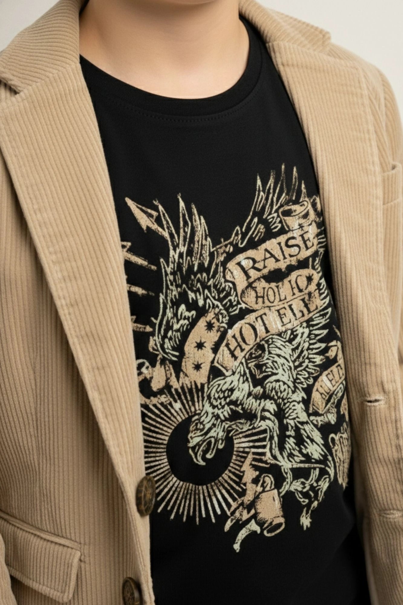 Black Graphic T-Shirt with Beige Textured Blazer Set For Boys