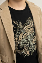Black Graphic T-Shirt with Beige Textured Blazer Set For Boys