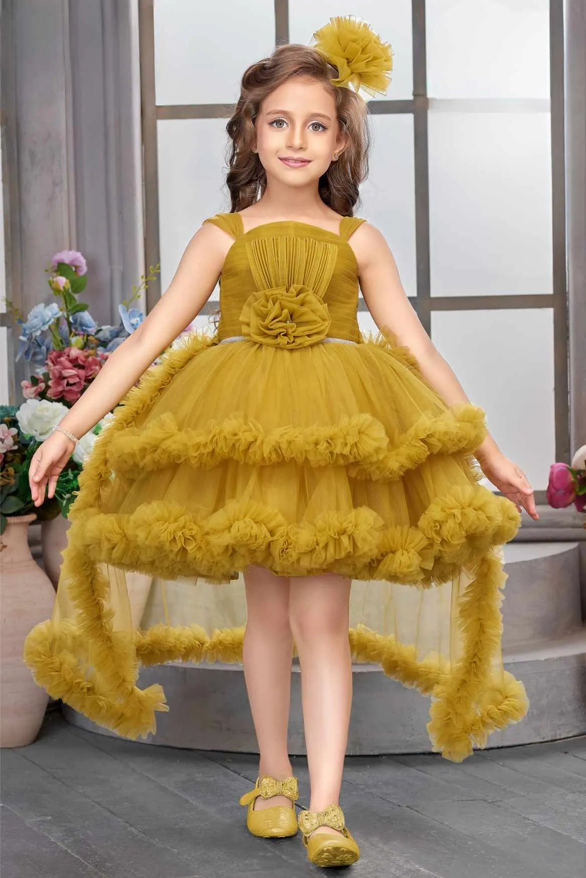 Mustard Layered Ruffle High-Low Party Wear Frock For Girls
