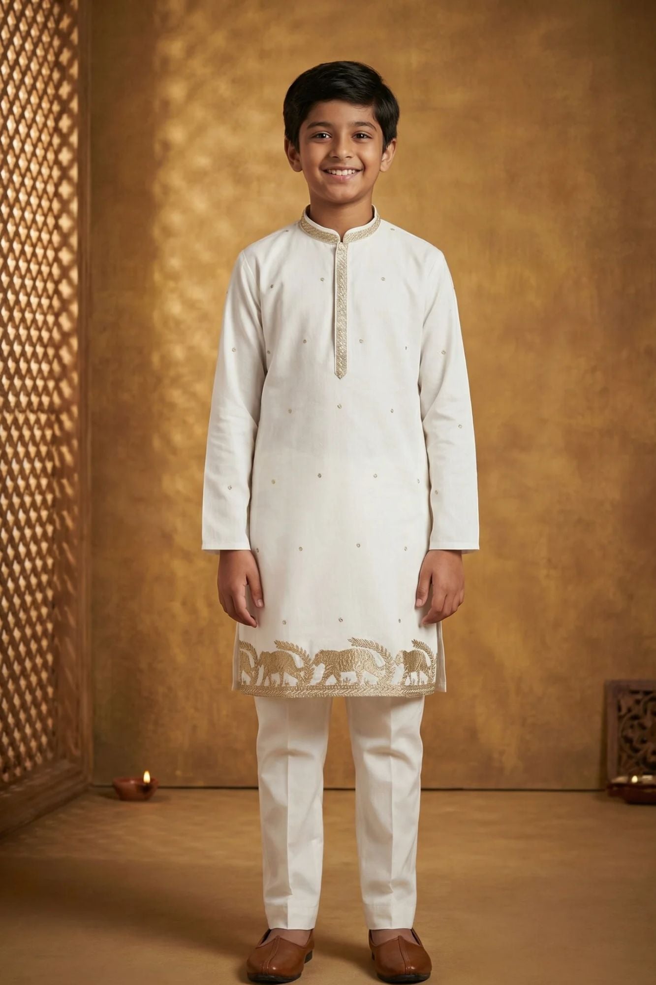 Boys White Kurta Pajama Set With Golden Zari Embroidery And Shawl