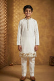 Boys White Kurta Pajama Set With Golden Zari Embroidery And Shawl