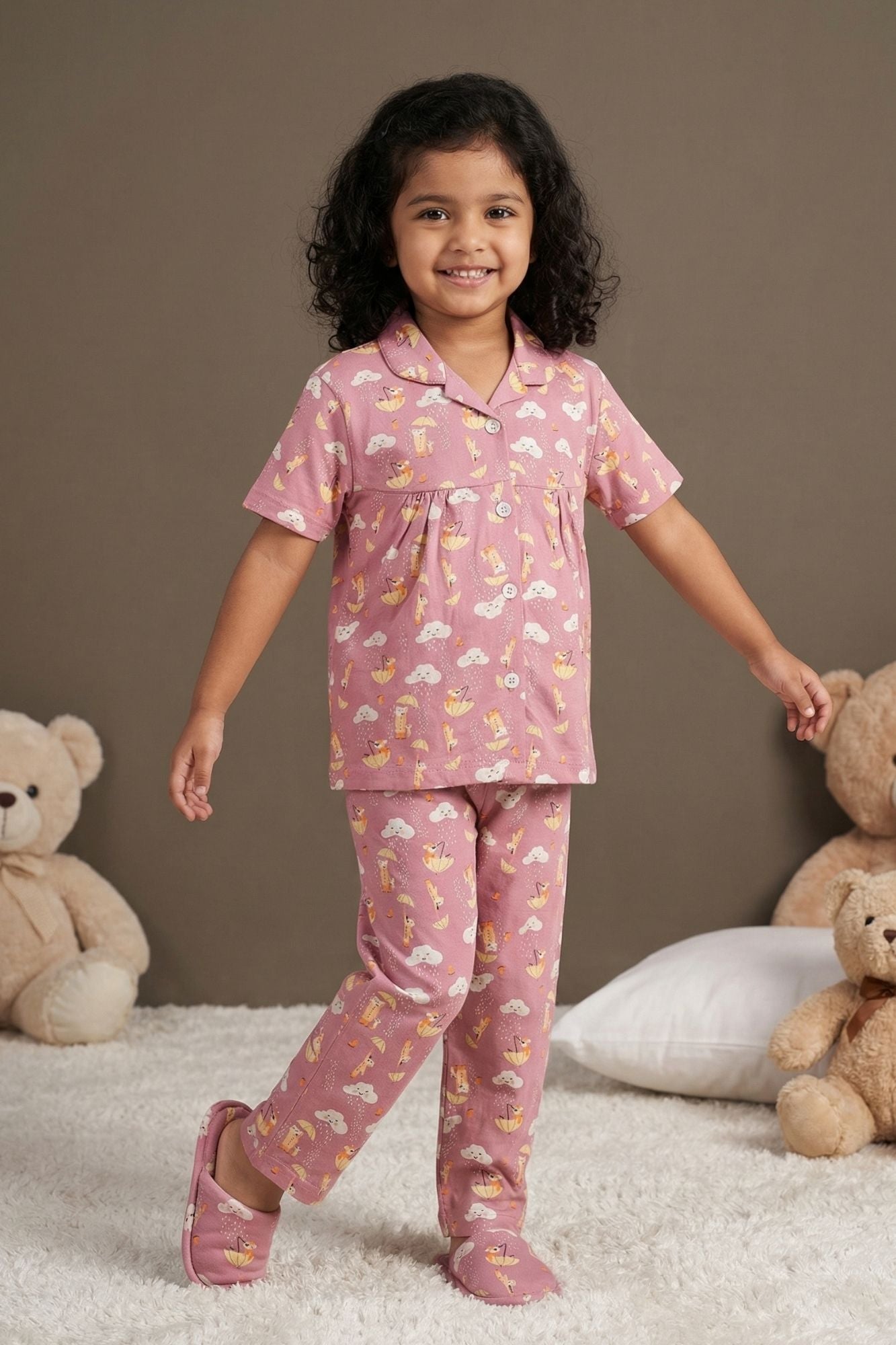 Dusty Pink Unicorn And Cloud Print Night Suit Set For Girls