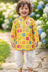 Royal Boys Yellow With Multicolor Geometric Print Dhoti Set For Festive Wear
