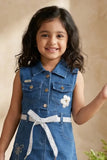 Denim Sleeveless Dress with Floral Embroidery
