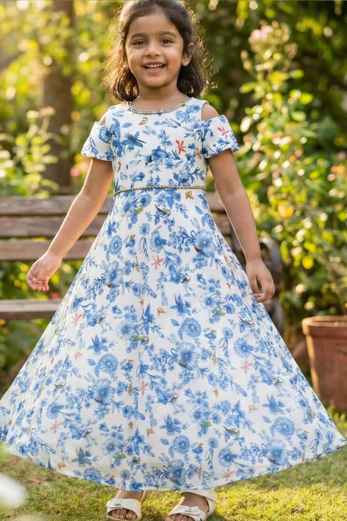 White And Blue Floral Printed Gown For Girls
