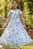White And Blue Floral Printed Gown For Girls