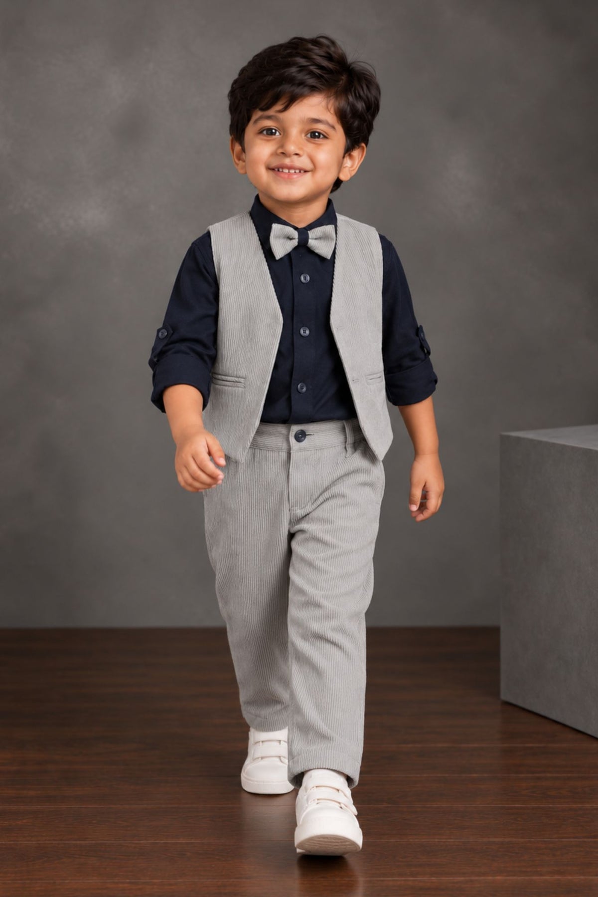 Boys Light Grey Corduroy Textured Waistcoat Suit Set with Bow Tie
