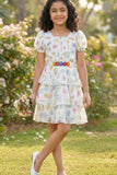 Cream Floral Tiered Dress with Puff Sleeves For Girls