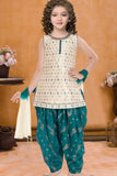 Cream and Firozi Patiala Set With Embroidered Kurti And Dupatta For Girls