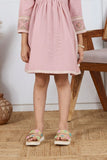 Baby Pink Textured Cotton Dress with Embroidered Border For Girls