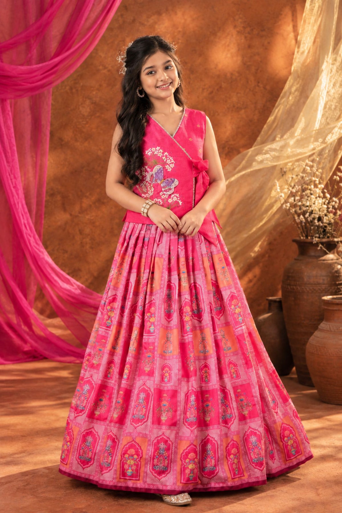 Pink Printed And Embroidered Lehenga Choli Set For Girls